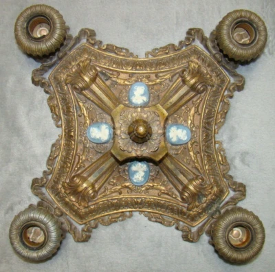 Rare Antique Bradley Hubbard Brass Flushmount 4 Light Ceiling Fixture w 4 Cameo - Image 1 of 4