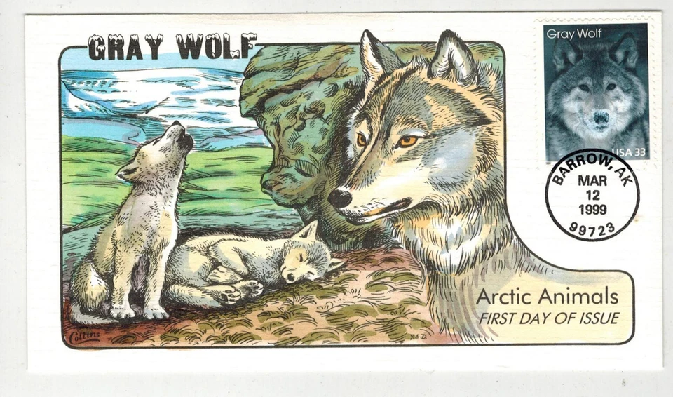 1999 COLLINS HANDPAINTED FDC POLAR ANIMALS GRAY WOLF BARROW ALASKA - Image 1 of 1