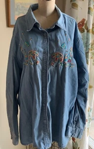 Embroidered Kokopelli Bear Bird Denim Button up Shirt Size 3X - Picture 1 of 9