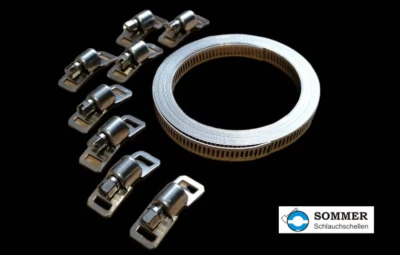 SOMMER SCHLAUCHSCHELLEN Schlauchschellen Endlos Spannband-Set 3m Band 8mm breit 8 Köpfe W4 Edelstahl V2A