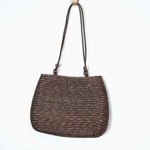 Wheat Straw Fiber Woven Hand Bag Double Handles Wood Bead Decoration Brown Tote - Picture 1 of 10