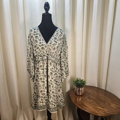 Gauzy Dress Peplum Ruffle Puffy Sleeve MAX STUDIO Size Large Green Floral Lined - Image 1 of 4