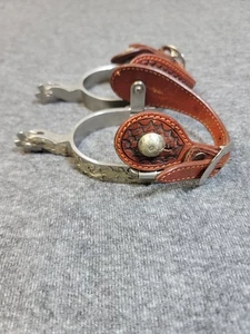 Westernreitsporen mit verzierten Lederriemen floral graviert Rowel Markenlos - Bild 1 von 7