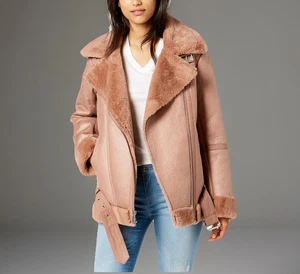 BCBGeneration Faux Shearling Aviator Jacket Women’s L Tan Moto Teddy Coat - Picture 1 of 11