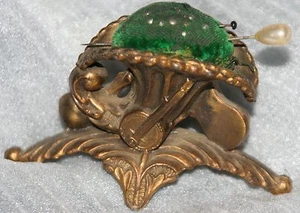 RARE~ANTIQUE c1875 VICTORIAN figural ~~GILT CORNICOPIA PIN CUSHION~~novelty - Picture 1 of 3