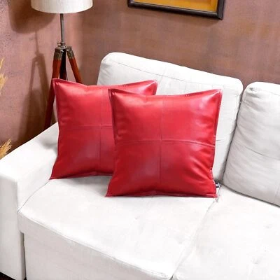 Red Color Box Lambskin leathe Pillow Cover For Sofa Cushion Case Home Decore - Image 1 of 4