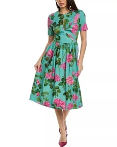 Oscar De La Renta Women's Green Geranium Floral Twist Midi Dress Size 10 - Picture 1 of 5