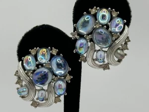 Orecchini Vintage Corona Trifari Riflesso Gioielli della Fantasia Cabochon Clip On - Foto 1 di 20