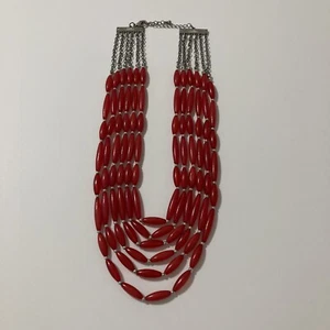 Red Silver Tone Multi-Strand Multi-Layered Beaded Statement Bib Necklace - Picture 1 of 4