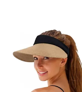 Women's Beach, Straw Hat with Wide Brim and Strap Khaki - Picture 1 of 13