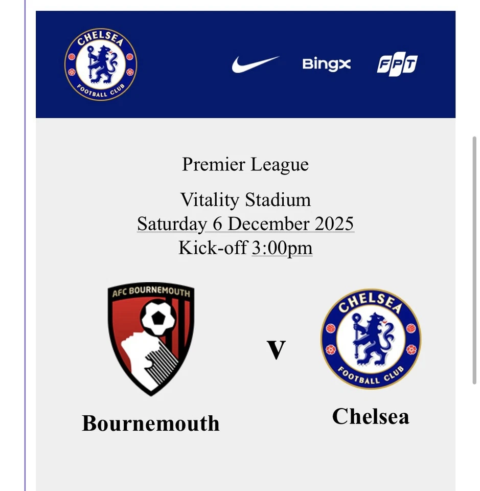 DIGITAL TICKET 6/12/2025 AFC BOURNEMOUTH v CHELSEA POSTED OUT AFTER THE GAME - Image 1 of 1
