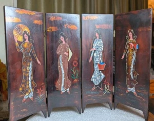 Vtg Asian Vietnamese Lacquer Mother Of Pearl Eggshell Inlay Folding Table Screen - Picture 1 of 20