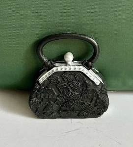 Miniature Texture Black Purse Figurine My Treasures 1999 Silver Trim Pearl Look - Picture 1 of 7