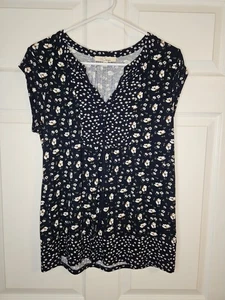 Les Serein Top Damen M Medium Jasmin Split Neck Daisy Floral Navy Blau - Bild 1 von 4