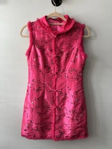 Oriental button bodycon mini dress faux fur trim floral sequin embroidered Uk 8 - Imagen 1 de 20