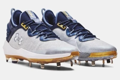 UA Men's size 7 Harper 8 Low ST Metal Baseball Cleats White/Navy 3026588-103 - Image 1 of 4