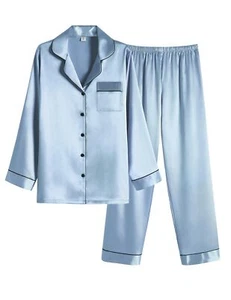 Women Satin Pajamas Set Classic Button Down Long Silk Pjs SetMediumClear Blue - Picture 1 of 6