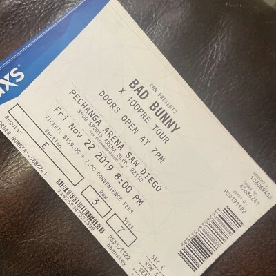 Неиспользованный билет на концерт Bad Bunny 2019 г. Сан-Диего 11.22.19 - Изображение 1 из 2