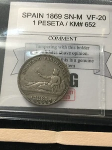 1869 SN-M  Spain, 1 Peseta  Coin Mart Graded**VF-20** KM# 652 - Picture 1 of 8