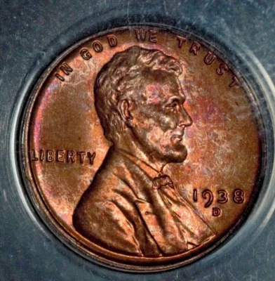 1938-D Lincoln Cent, ANACS MS64RB, PrettyToning - Image 1 of 3