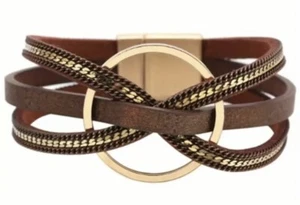 NEW Boho Bracelet Cuff Bangle Woven Brown Leather With Gold Ring Gift For Her - Picture 1 of 3