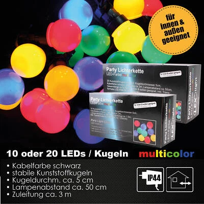 LED Partylichterkette Kugellichterkette Innen Außen Garten 10/20LED Kugeln bunt - Bild 1 von 3