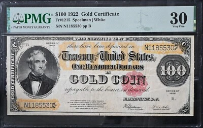 RARO 1922 $100 Certificado Oro Fr#1215 Speelman Blanco PMG 30 Muy Fino Envío/S GRATIS Foto 1 de 2