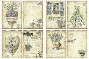 Set of 8 French Lavender Ephemera Collage Quilt Cotton FABRIC Panels