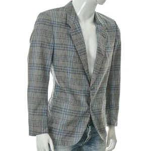 Tiger of Sweden Mens Two Button Retro Blazer Jacket Wool Plaid Grey/Blue Size 52 - Picture 1 of 8