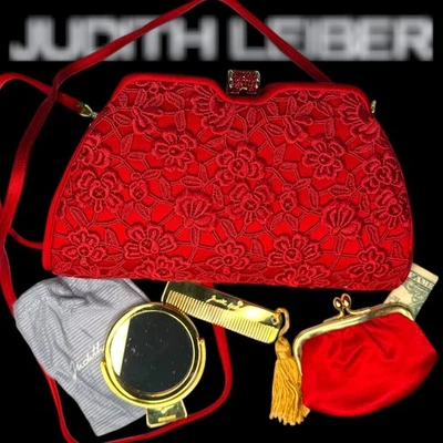 Judith Leiber Red Lace Evening Bag Clutch w/ Accessories Mirror Comb Purse - Image 1 of 4