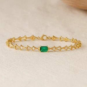 Lab Grown Emerald & Diamond Bracelet 14K Solid Gold – May Birthstone # 1015 - Picture 1 of 22