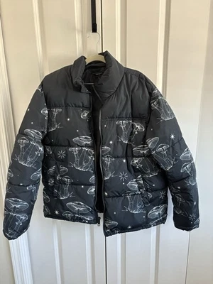 Forever 21 Мужская куртка пуховик молнии застежки черный с гриб дизайн - L - Изображение 1 из 3
