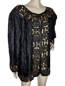 Vintage 80s 100% Silk Beaded Sequined Puff Sleeve Formal Church Jacket Plus 2X - Picture 1 of 7