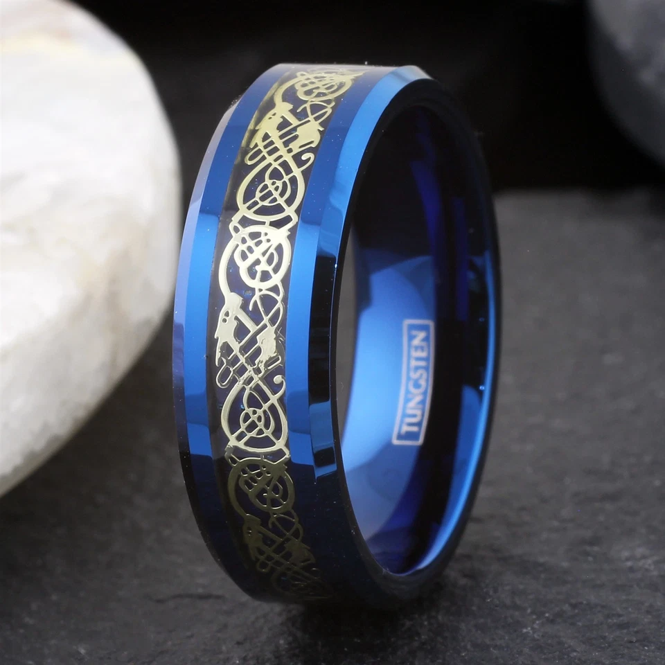 РАСПРОДАЖА! Синее мужское кольцо из карбида вольфрама с золотым кельтским драконом размер 13,5 - Изображение 1 из 1