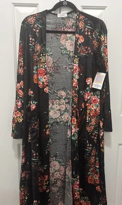 NWT LulaRoe Sarah Cardigan Solid Black/red Floral Large/L Crushed Velvet - Image 1 of 4