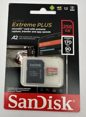 Sandisk 256GB Extreme Plus A2 microSDXC U-3 V30 170MB/s SDSQXBZ-256G-ANCMA - NEW - Image 1 of 4