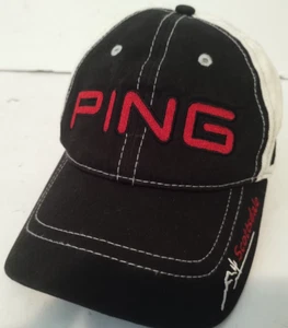 PING K15 Golf Black & White Cap Scottsdale Embroidered Red Logo Strapback Hat - Picture 1 of 5