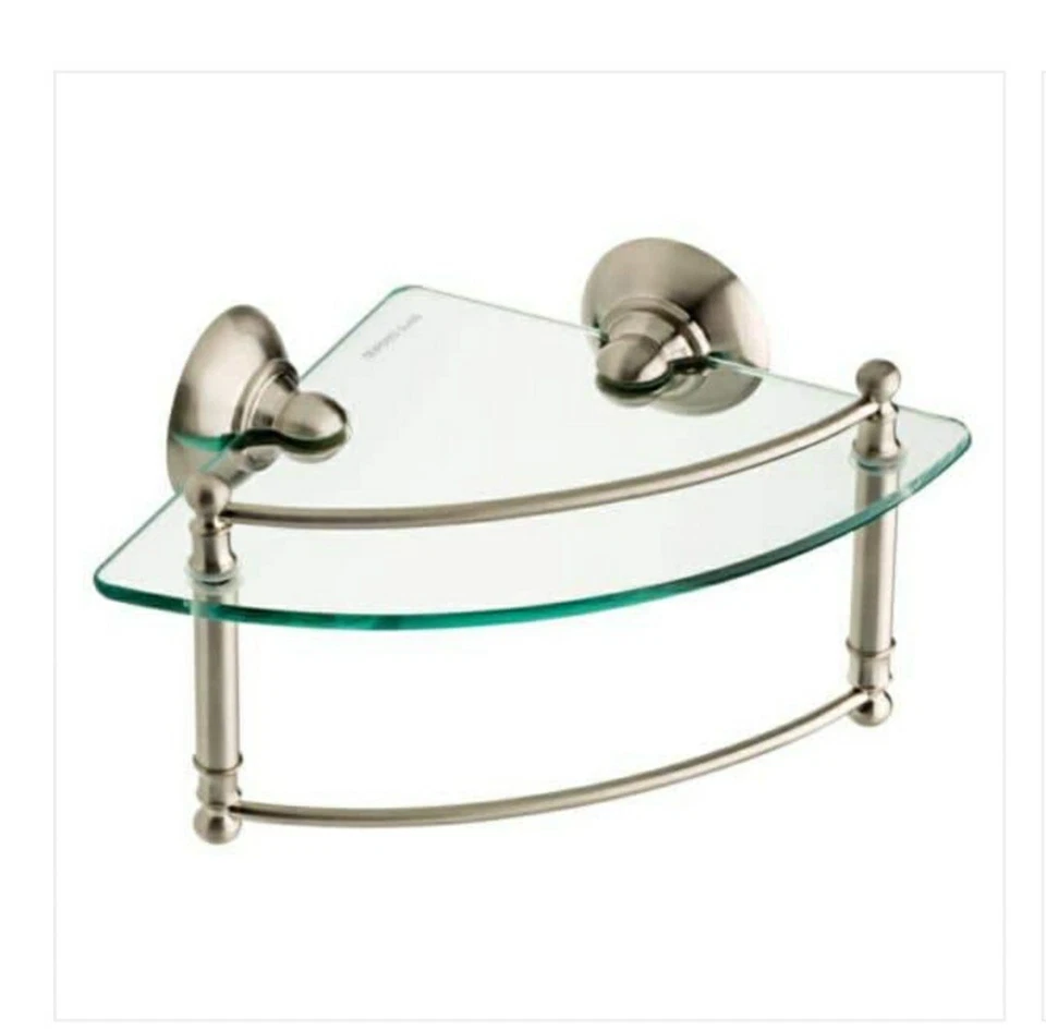 Delta 8 In. Glass Corner Shelf With Hand Towel Bar in SpotShield Brushed Nickel