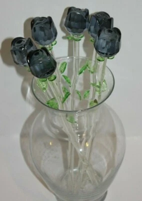 6 x 12 英寸黑色玻璃玫瑰花束绿叶,万圣节房屋装饰! — 第 1/4 张图片