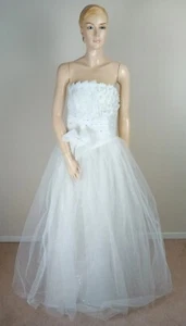 VINTAGE 1950S STYLE WHITE STRAPLESS NET BEADED SEQUIN WEDDING DRESS 14 16 - Picture 1 of 9