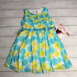 Nannette Girl's Chiffon Dress Size 5 Blue Yellow Sleeveless Belted Spring Summer - Picture 1 of 12