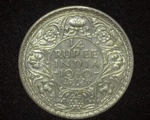 INDIA 1940-b 1/4 RUPEE KM545 SILVER ABOUT UNCIRCULATED ~C93 - Picture 1 of 2