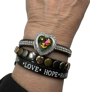 Black Leather Snap Criss Cross Bracelet & Multicolor 18mm Heart Snap Love & Hope - Picture 1 of 15
