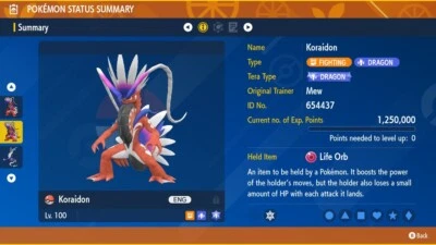 Non Shiny 6IV*Jolly* EV Trained Level 100 Koraidon Pokemon Scarlet/Violet