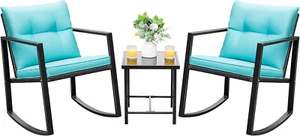 3 Piece Rocking Bistro Set Wicker Patio Outdoor Furniture Porch Chairs Conversat - Picture 1 of 12