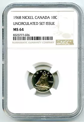 1968 CANADA 10 CENT BLUENOSE DIME NGC MS 64 UNCIRCULATED SET ISSUE COIN - Image 1 of 2