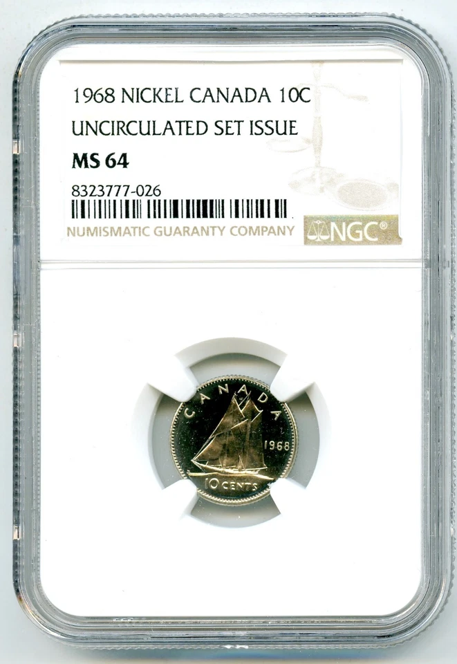 1968 CANADA 10 CENT BLUENOSE DIME NGC MS 64 UNCIRCULATED SET ISSUE COIN - Image 1 of 2