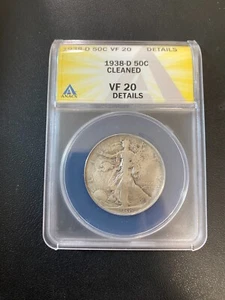 1938 D WALKING LIBERTY HALF DOLLAR ANACS VF-20 DETAILS - KEY DATE - SLAB - 50C - Picture 1 of 2