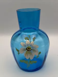 Vintage Blue Glass Vase With Hand Painted Flower Cottagecore Decor - Picture 1 of 8
