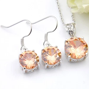 Shine Fire Round Morganite Silver Dangle Earrings Pendant Necklace Jewelry Set - Picture 1 of 9